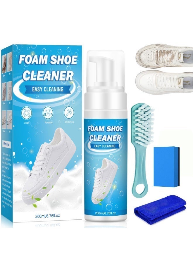 مجموعة منظف الأحذية بالرغوة 200 ملل – منظف الأحذية الرياضية متعدد الاستخدامات للأحذية البيضاء والجلد والمطاط والصنادل – رغوة التنظيف الجاف بدون ماء مع فرشاة واسفنجة ومنشفة – مزيل البقع للأوساخ والرائحات الكريهة والخدوش – مجموعة العناية بالحذية المحمولة - Image 1